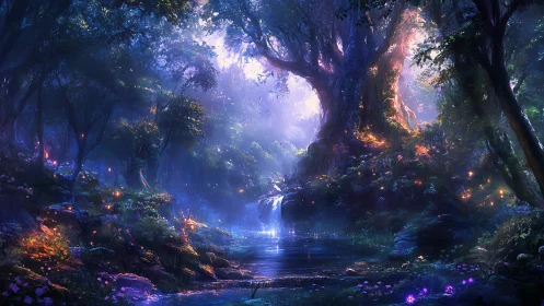Enchanted Luminous Forest Canyon with Radiant Water Stream