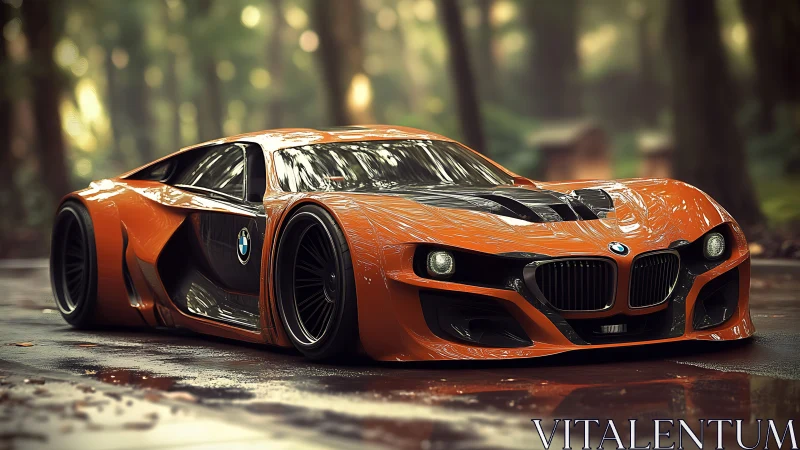 Low-profile orange BMW concept sports car on wet forest road.