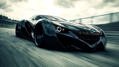 Sleek black BMW concept supercar racing on empty track.