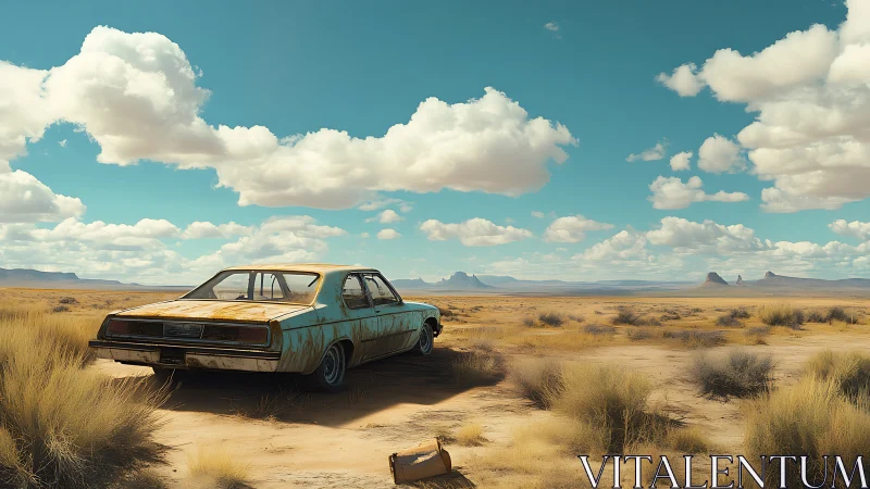 Rusting sedan rests in a vast, sunlit desert under clouds
