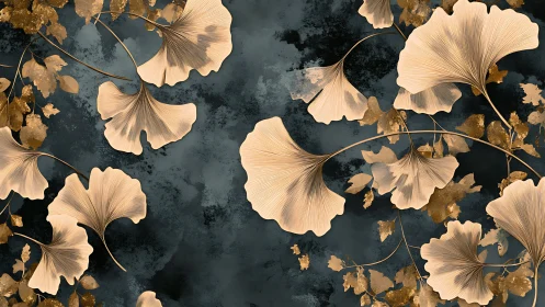 Gilded ginkgo leaves drift across midnight inked sky.