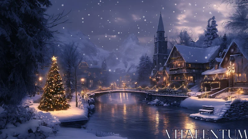 Snowlit riverside village twinkling under midnight carols.