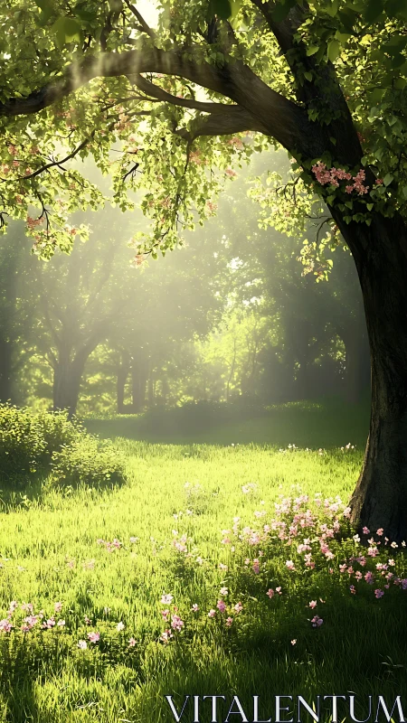 Sunlit forest clearing shows grass, flowers, and tree canopy