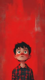 Wide-eyed boy studies towering crimson void above.