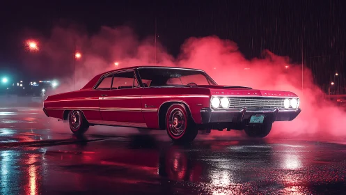 Classic red muscle car glows through neon mist at night