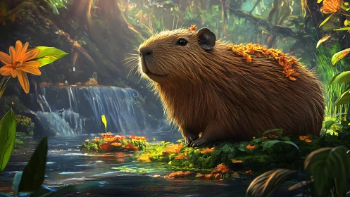 Capybara resting by waterfall in lush sunlit forest.