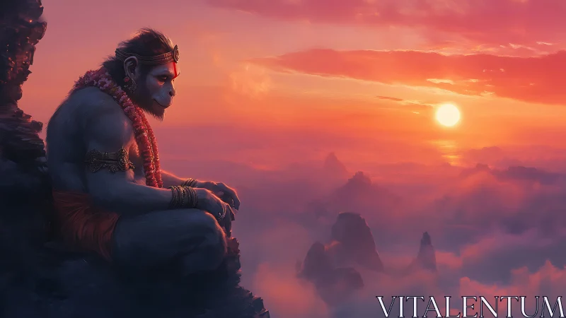 Divine simian figure in meditative profile above cloud cliffs.