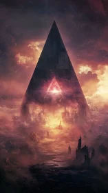 Cosmic triangular monolith glows above a ruined world.