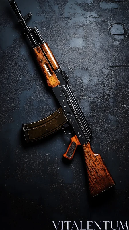 Vintage assault rifle lies diagonally on dark textured surface