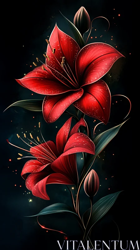 Crimson lilies glow like embers against a deep night sky