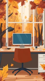 Autumn workspace interior with monitor and large window view.