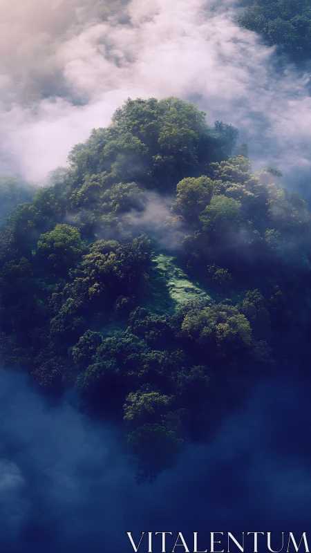 Verdant Mountain Emerging Through Misty Clouds