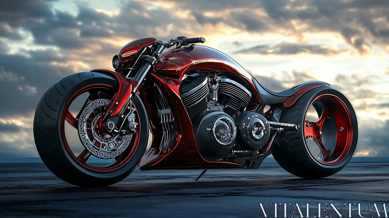 Futuristic red custom motorcycle under dramatic evening sky.