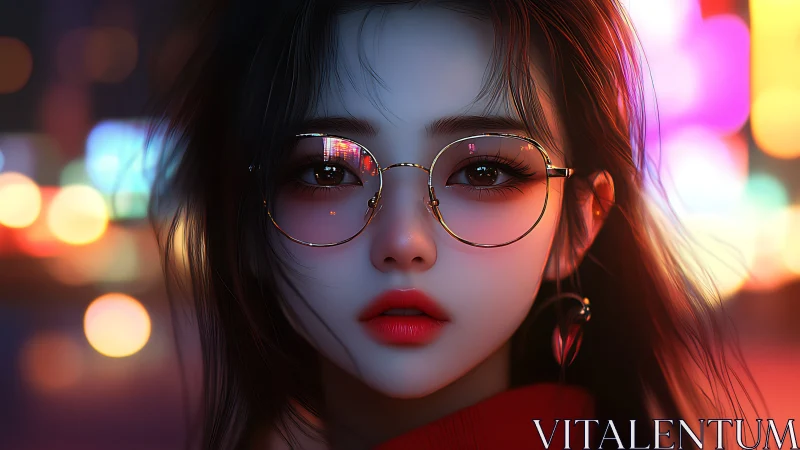 Neon city portrait with reflective glasses and soft bokeh.