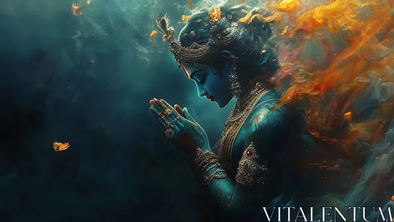 Blue-skinned adorned figure in prayer amid swirling light.