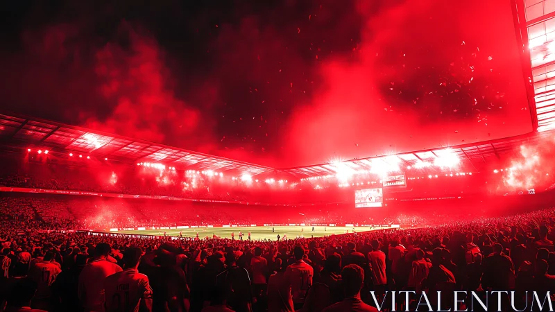 Floodlit football stadium shows dense crowd under red flares