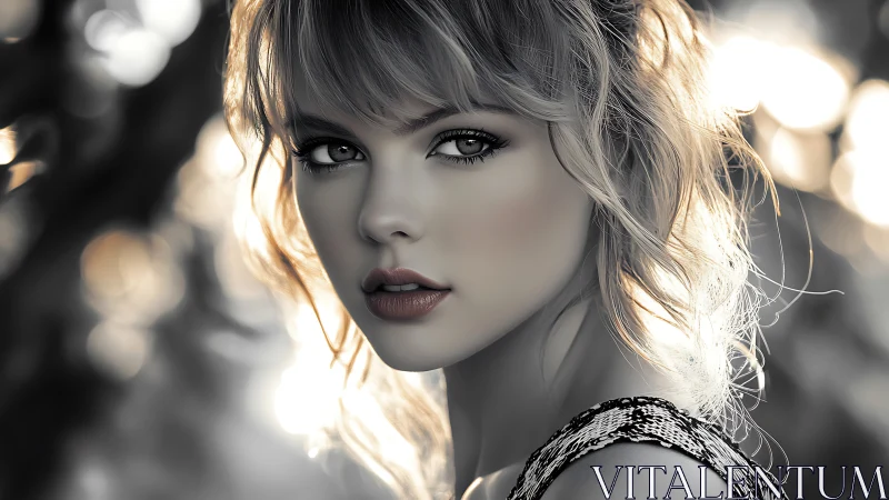 Softly lit blonde woman portrait with intense gaze outdoors.