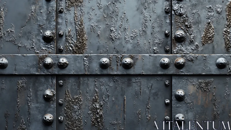 Rusted riveted metal panels with corroded textured surface.