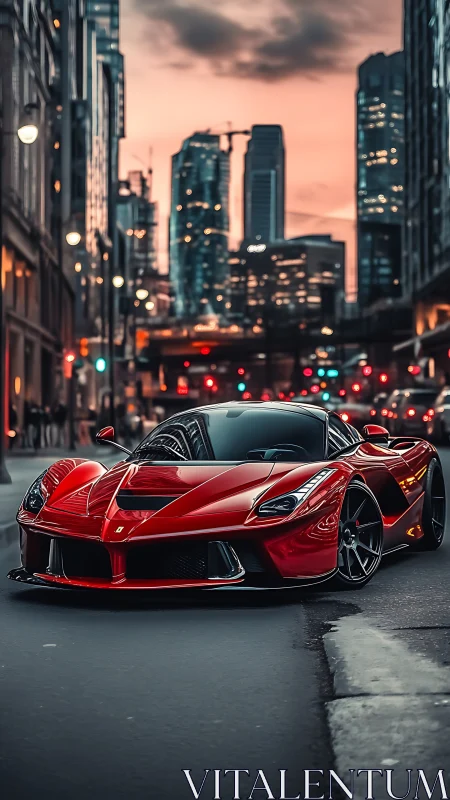 Red sports car is positioned on an urban street at dusk