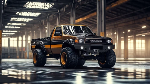 Lifted retro pickup truck in cinematic warehouse light.