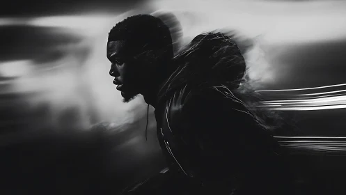 Midnight sprint in motion-blurred monochrome intensity.