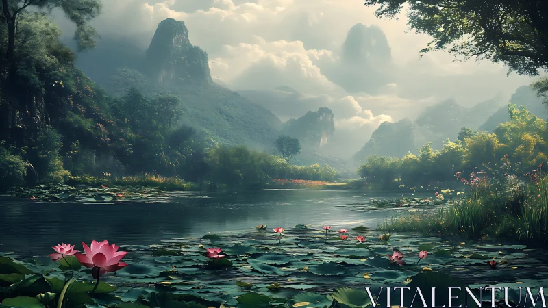 Serene lotus lake unfolds beneath mist veiled karst mountains