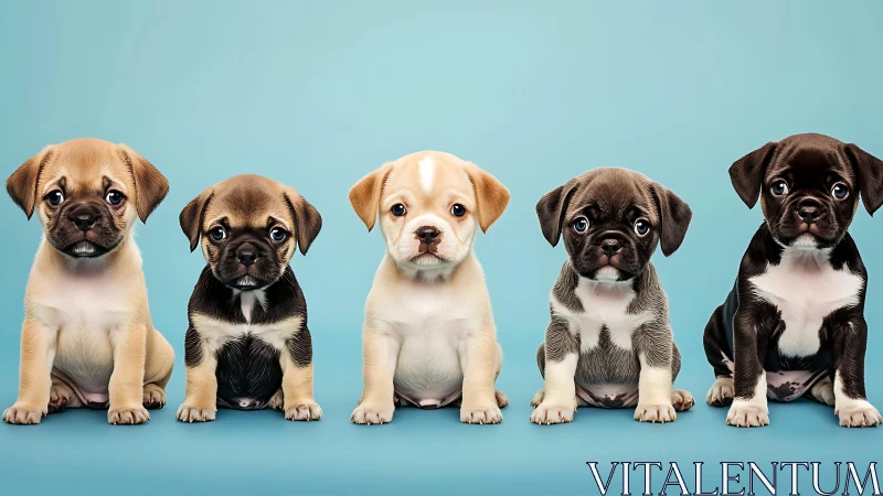 Symmetric row of stylized pug puppies on cyan backdrop.