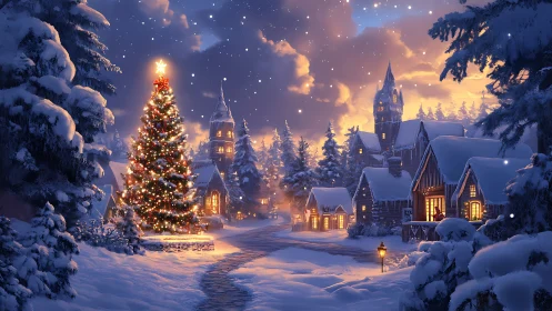 Snowy village Christmas tree glows under twilight sky.