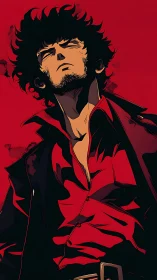 Stoic man in red shirt stands against bold red field