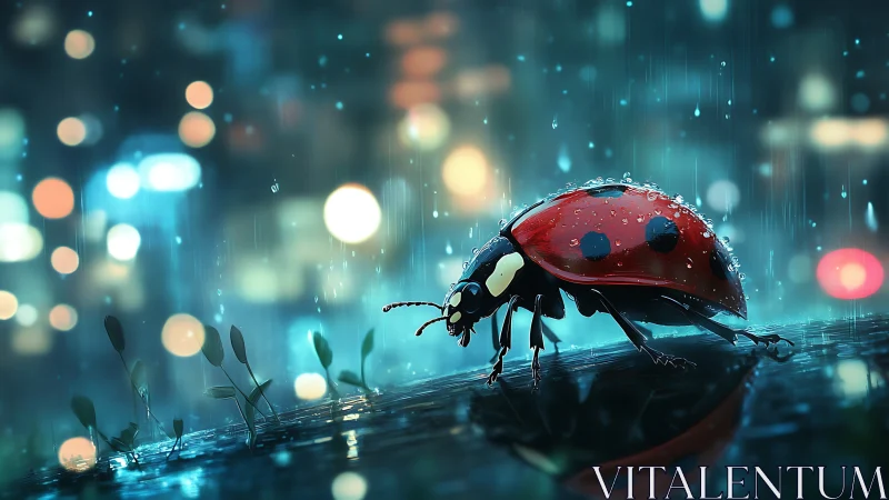 Rain-walking ladybug in neon city bokeh dreamscape.
