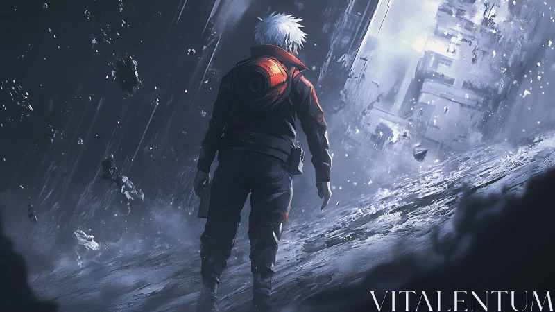 Storm-torn cyber wanderer before collapsing neon corridor.