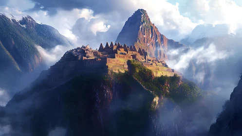 Sunlit mountain citadel welcomes the clouds and valleys