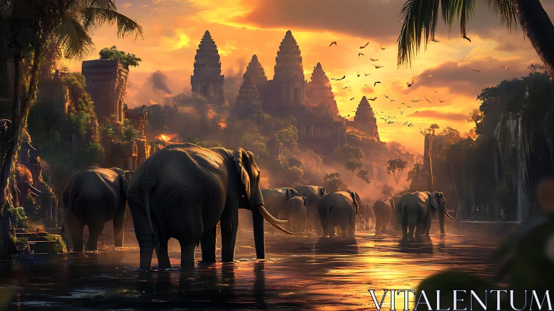 Golden river elephants wander past ancient jungle temples