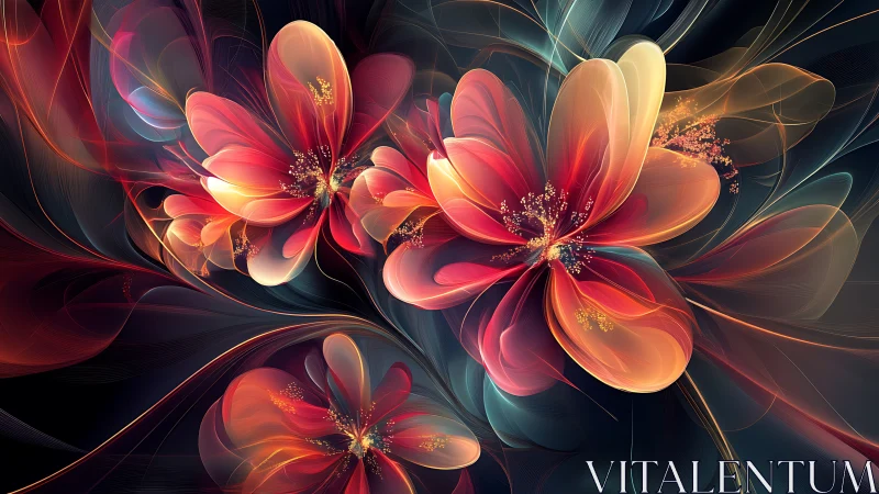 Fractal-rendered floral forms emerge from luminous vector curves