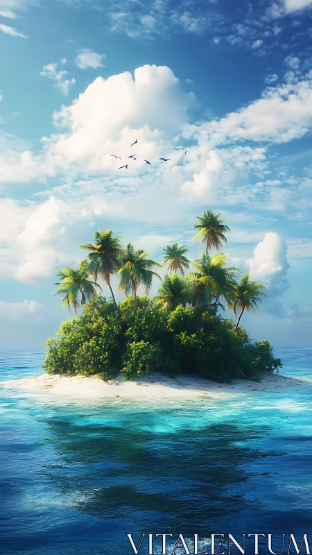 Tropical Island Paradise: Isolated Atoll with Palm Trees Against Azure Sky