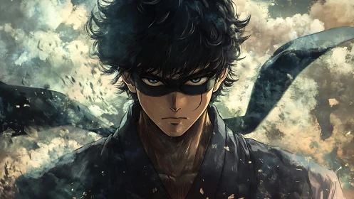 Storm-eyed masked hero in swirling painted shadows.