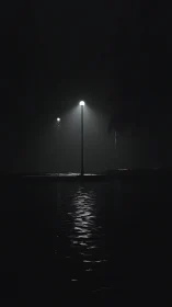 Solitary lamppost illuminates rippling water in nocturnal haze