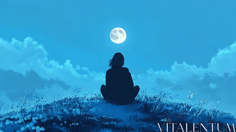 Solitary figure on hill under full moon in clear blue sky.