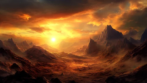 Rocky alien desert landscape under intense orange sunset.