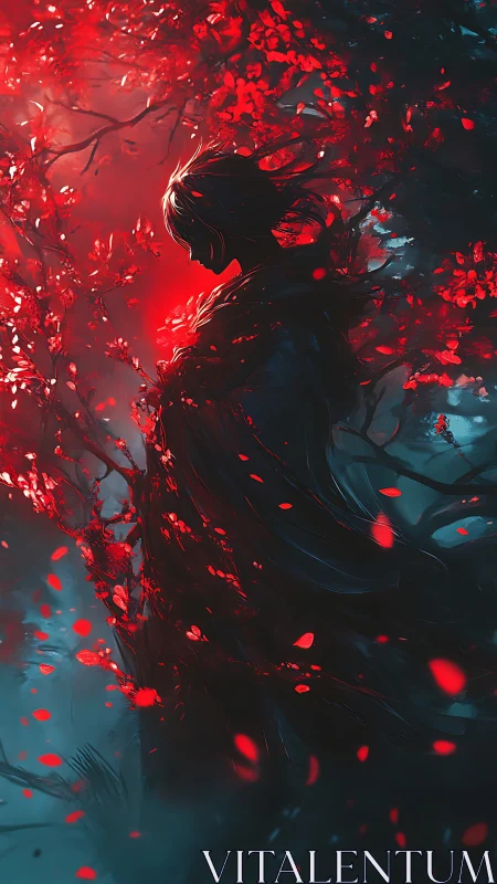 Silhouetted forest spirit dissolves into swirling red leaves