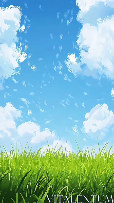 Vivid summer meadow stretches under bright, painterly sky.