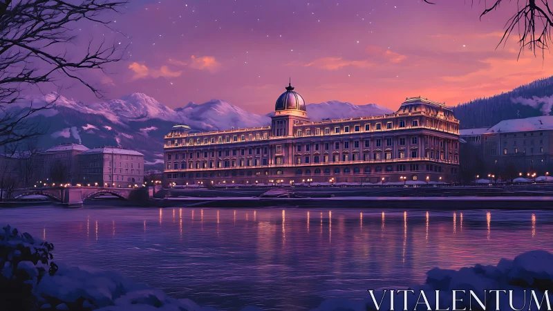 Grand riverside palace glowing at violet winter twilight.