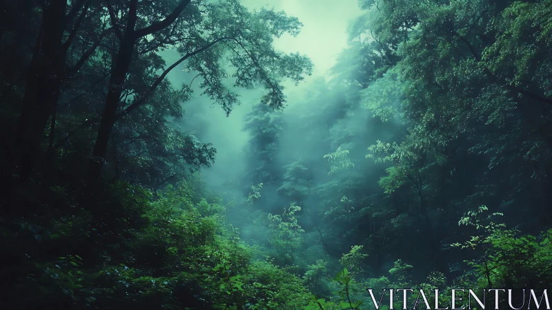 Misty rainforest canopy with layered tree coverage and atmospheric haze