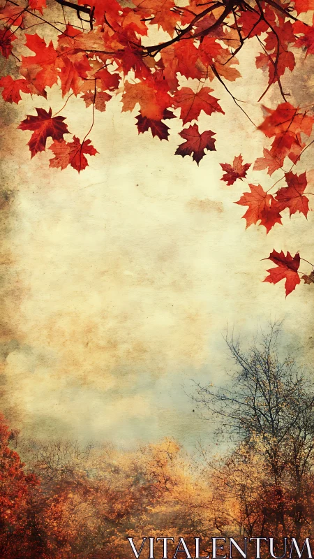 Autumn maple leaves over textured sky and forest scene.