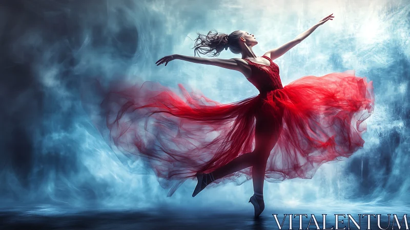 Graceful ballerina soars in vivid red tulle against misty light.