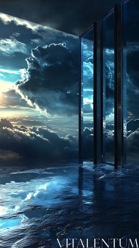 Tall glass portals rising above reflective sky ocean.