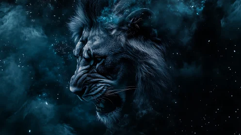 Lion head rendered in blue-toned cosmic nebula environment