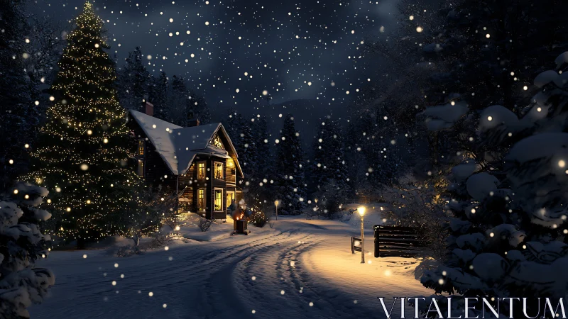 Snowy night cabin with illuminated tree rendered in digital realism