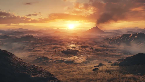 Volcanic steppe panorama under high dynamic range sunset.