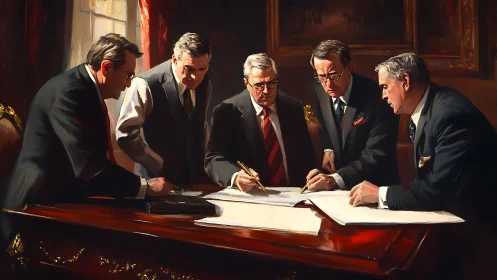 Five executives engaged in formal document review and negotiation at mahogany conference table